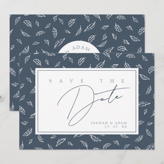 Save The Date Monogramme de feuille de bleu ardoise boho (Devant / Derrière)
