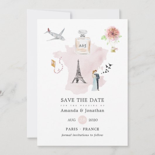 Save The Date Monogramme de mariage à thème Paris aquarelle (Devant)