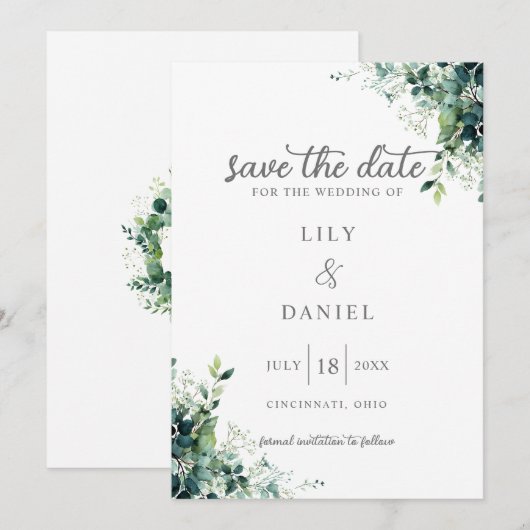 Save The Date Monogramme de mariage rustique eucalyptus verdure (Devant / Derrière)