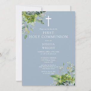 Save The Date Monogramme de verdure de bleu poussiéreux Première