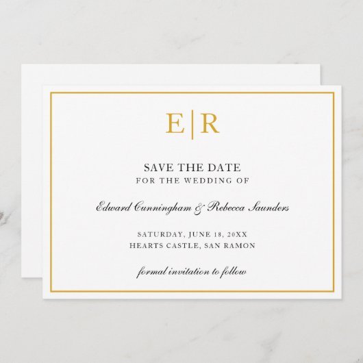 Save The Date Monogramme d'or formel Mariage simple et élégant (Devant / Derrière)