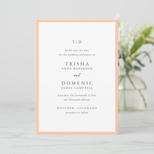 Save The Date Monogramme élégant de pêche Mariage Moderne (Debout devant)