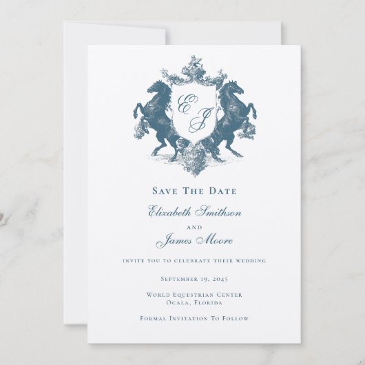 Save The Date Monogramme équestre Chevaux Crest Bleu Turquoise M (Devant)