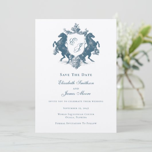 Save The Date Monogramme équestre Chevaux Crest Bleu Turquoise M (Debout devant)