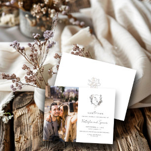 Save The Date Monogramme floral à crête noir et blanc formel