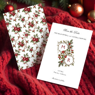 Save The Date Monogramme Floral Élégant de Noël Hiver Vintage