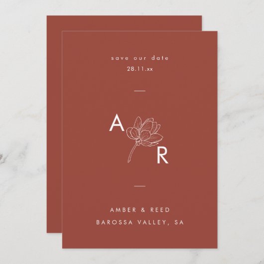 Save The Date Monogramme Floral Moderne Élégant Simple Terracott (Devant / Derrière)