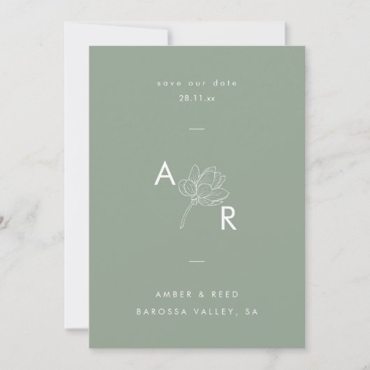 Save The Date Monogramme floral moderne Élégant Simple Vert pous (Devant)