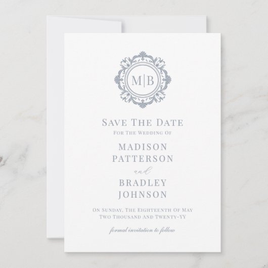 Save The Date Monogramme floral orné Mariage argent (Devant)