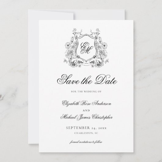 Save The Date Monogramme Formel Floral Crest Mariage Élégant (Devant)