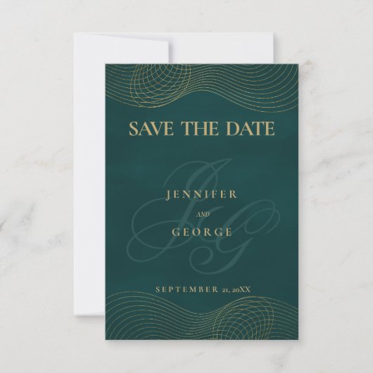 Save The Date Monogramme géométrique en or vert foncé Enregistre (Devant)