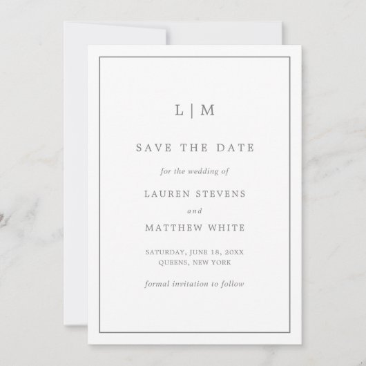 Save The Date Monogramme gris foncé simple Mariage élégant (Devant)