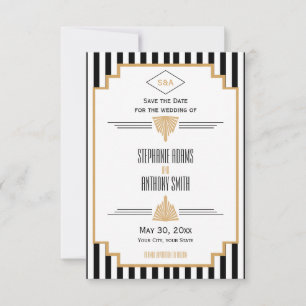 Save The Date Monogramme Mariage Art déco noir, or et blanc
