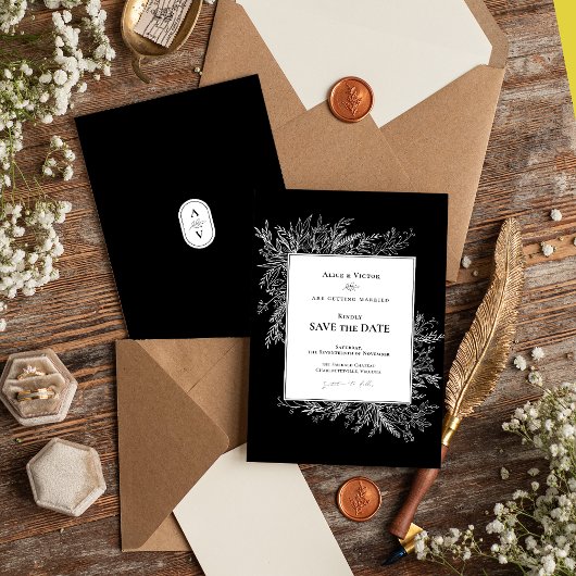 Save The Date Monogramme Mariage de verdure noir et blanc