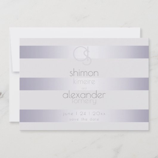 Save The Date Monogramme Moderne Argent Rayures Lilas (Devant)