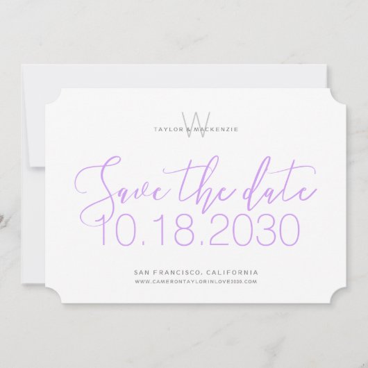 Save The Date Monogramme Moderne Minimaliste Violet Lilas Économ (Devant)