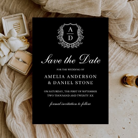 Save The Date Monogramme noir et blanc à feuilles formelles de c