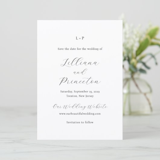 Save The Date Monogramme noir et blanc classique Élégant mariage (Debout devant)