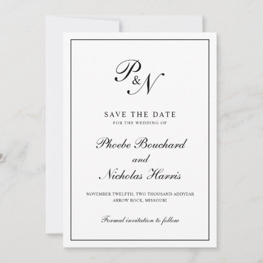 Save The Date Monogramme Noir et blanc Formal Mariage élégant (Devant)