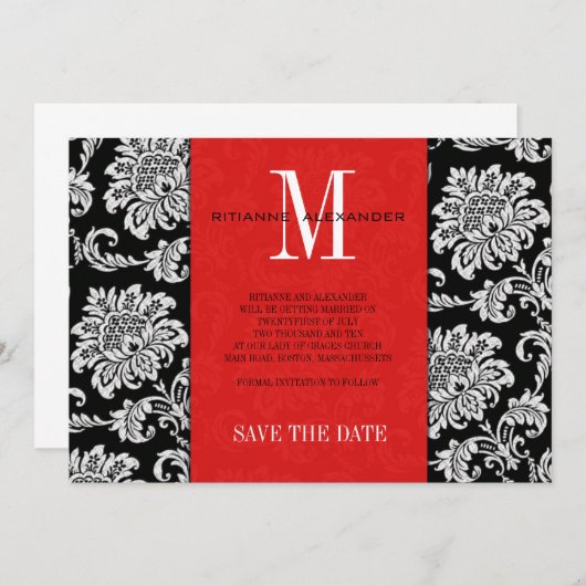 Save The Date Monogramme noir rouge Mariage damassé Enregistrer  (Devant / Derrière)