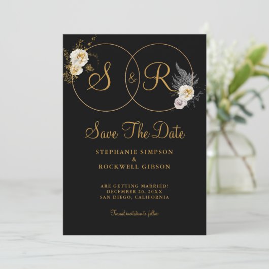 Save The Date Monogramme Or Sur Nom Noir Mariage Initial (Debout devant)