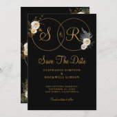 Save The Date Monogramme Or Sur Nom Noir Mariage Initial (Devant / Derrière)