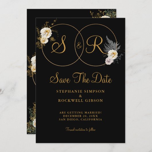 Save The Date Monogramme Or Sur Nom Noir Mariage Initial (Devant / Derrière)
