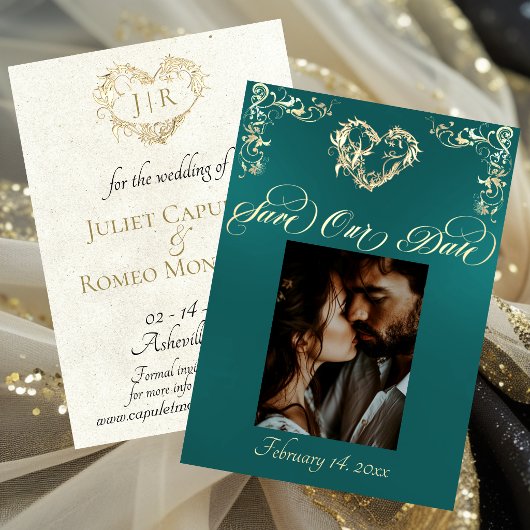 Save The Date Monogramme Photo & Cœur - Sarcelle