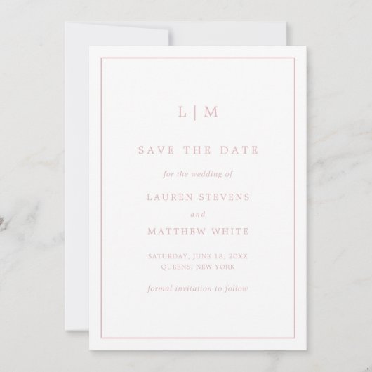 Save The Date Monogramme rose clair simple Mariage élégant (Devant)
