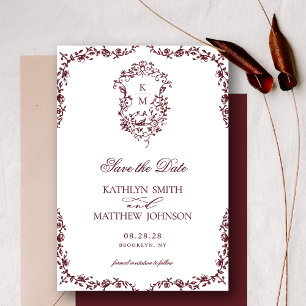 Save The Date Monogramme rouge Bourgogne Floral Vintage Crest Ma