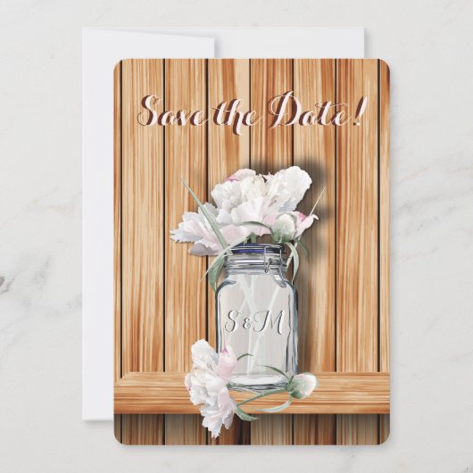 Save The Date Monogramme Rustic Mason Jar et Peonies roses (Devant)