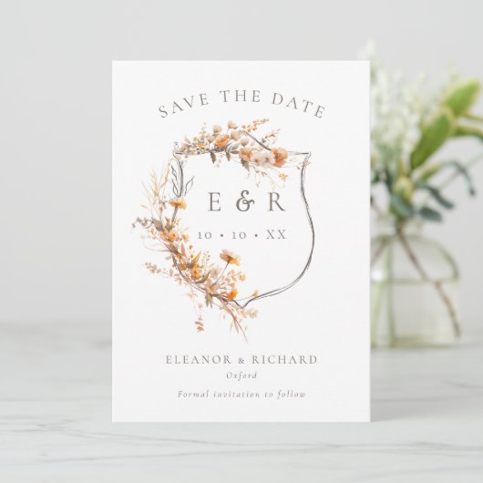 Save The Date Monogramme Rustique Floral Crest Mariage de automn (Debout devant)