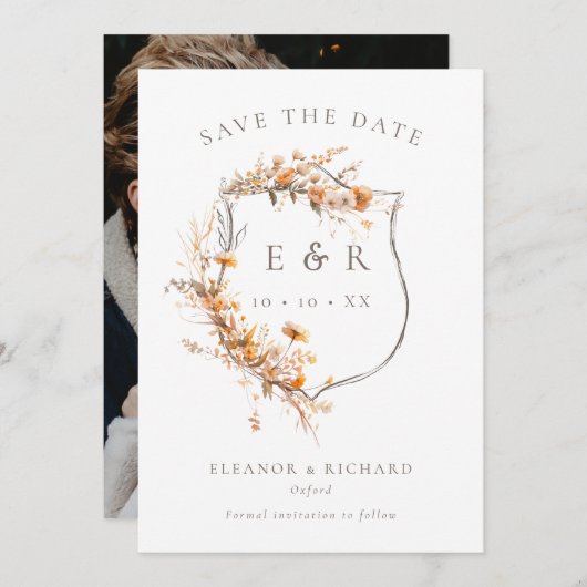 Save The Date Monogramme Rustique Floral Crest Mariage de automn (Devant / Derrière)