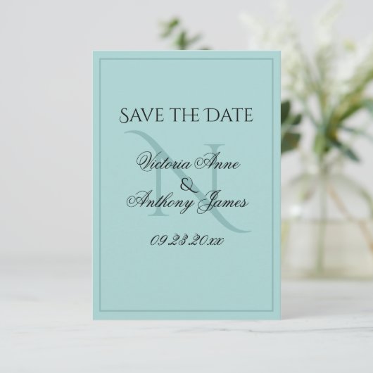 Save The Date Monogramme Script Bleu Mariage initial Enregistrer (Debout devant)