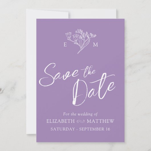 Save The Date monogramme simple fleur sauvage dessin violet phot (Devant)