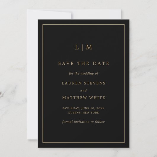 Save The Date Monogramme simple noir et or Mariage élégant (Devant)