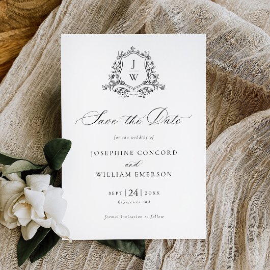 Save The Date Monogramme traditionnel Crest Floral Mariage éléga