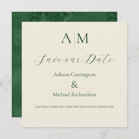 Save The Date Monogramme vert Mariage moderne (Devant / Derrière)