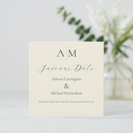 Save The Date Monogramme vert Mariage moderne (Debout devant)
