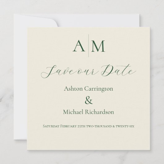 Save The Date Monogramme vert Mariage moderne (Devant)