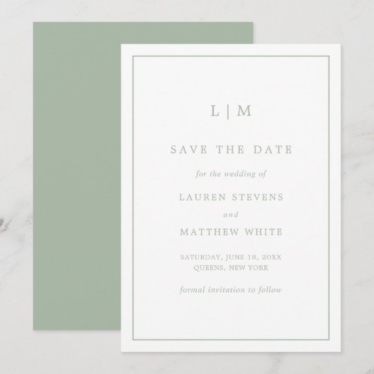 Save The Date Monogramme Vert Sage Simple Mariage élégant (Devant / Derrière)