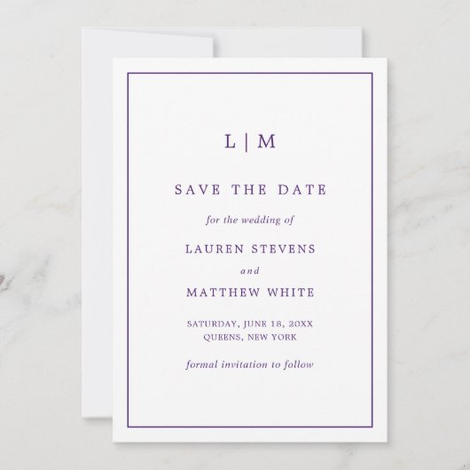 Save The Date Monogramme violet simple Mariage élégant (Devant)