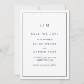 Save The Date Monographie bleu marine simple Mariage élégant (Devant)