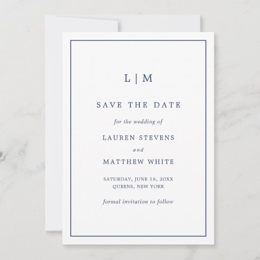 Save The Date Monographie bleu marine simple Mariage élégant (Devant)