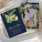 Save The Date Monstera Tropical Palm Photo Mariage bleu marine
