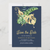 Save The Date Monstera Tropical Palm Photo Mariage bleu marine (Devant)