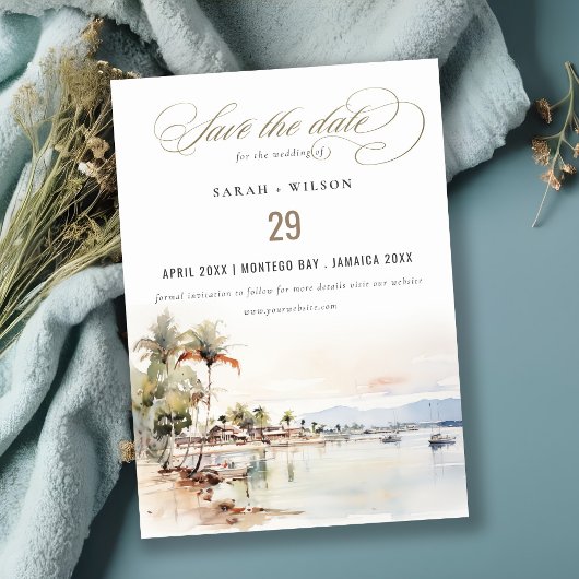 Save The Date Montego Bay Jamaïque Mariage de paysage aquarelle