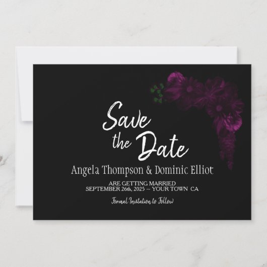 Save The Date Moody Black avec mariage rose floral Enregistrer l (Devant)