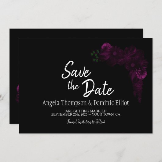 Save The Date Moody Black avec mariage rose floral Enregistrer l (Devant / Derrière)