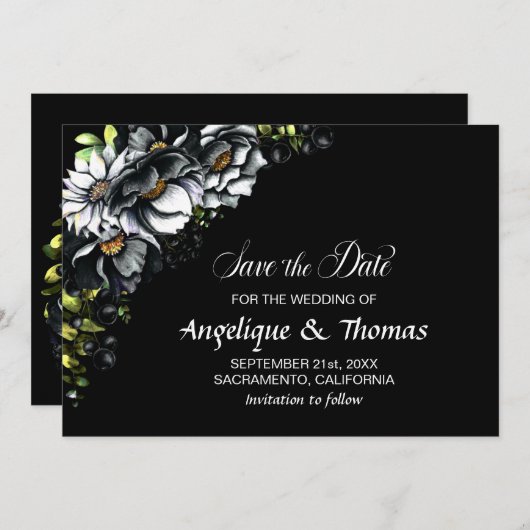 Save The Date Moody Black Floral Mariage (Devant / Derrière)
